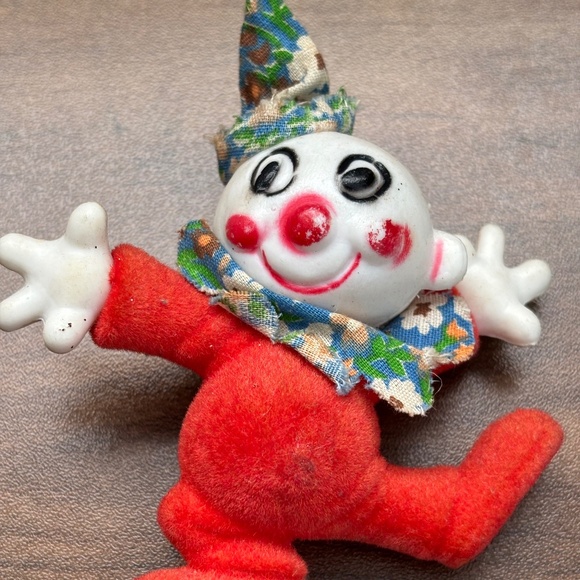 VINTAGE Flocked Circus CLOWN Christmas Ornament Figure White Red Outfit Posing - Picture 3 of 7